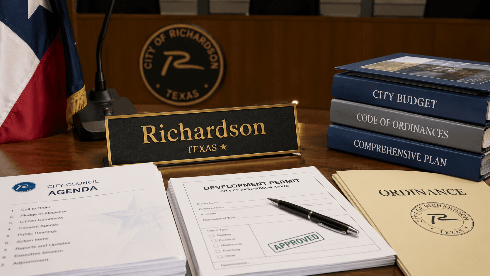 Richardson Texas reviews permits, bills, and city agenda items - Illustration Jake Team LLC