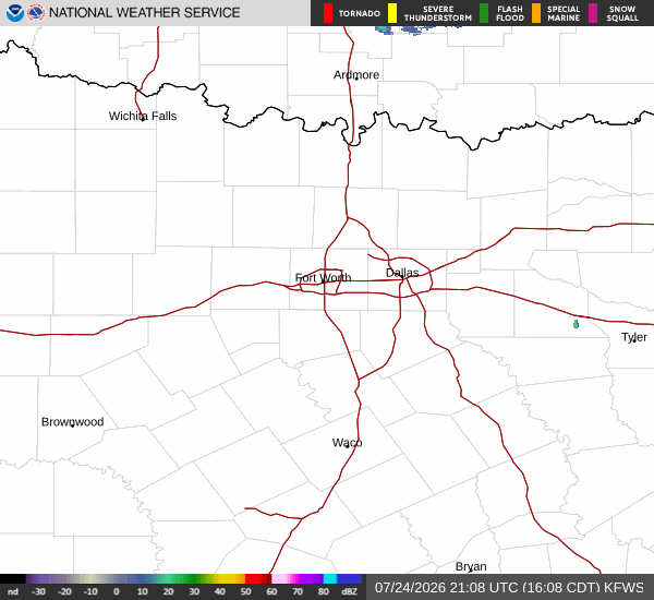Latest National Weather Service radar for North Texas (KFWS radar). Source: radar.weather.gov.
